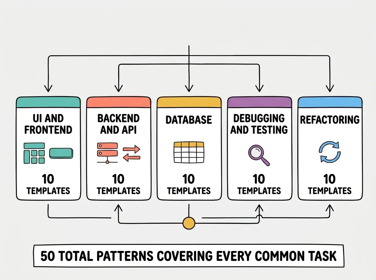 EXPLAINER DIAGRAM: Five category boxes arranged in a horizontal row, each a rounded rectangle with a colored top border. First box in teal labeled UI AND FRONTEND showing count 10 TEMPLATES with icons suggesting a layout grid and a button. Second box in coral labeled BACKEND AND API showing 10 TEMPLATES with icons suggesting a server and arrows. Third box in golden yellow labeled DATABASE showing 10 TEMPLATES with icons suggesting a table grid. Fourth box in purple labeled DEBUGGING AND TESTING showing 10 TEMPLATES with icons suggesting a magnifying glass. Fifth box in sky blue labeled REFACTORING showing 10 TEMPLATES with icons suggesting circular arrows. A banner across the bottom reads 50 TOTAL PATTERNS COVERING EVERY COMMON TASK. Light background.