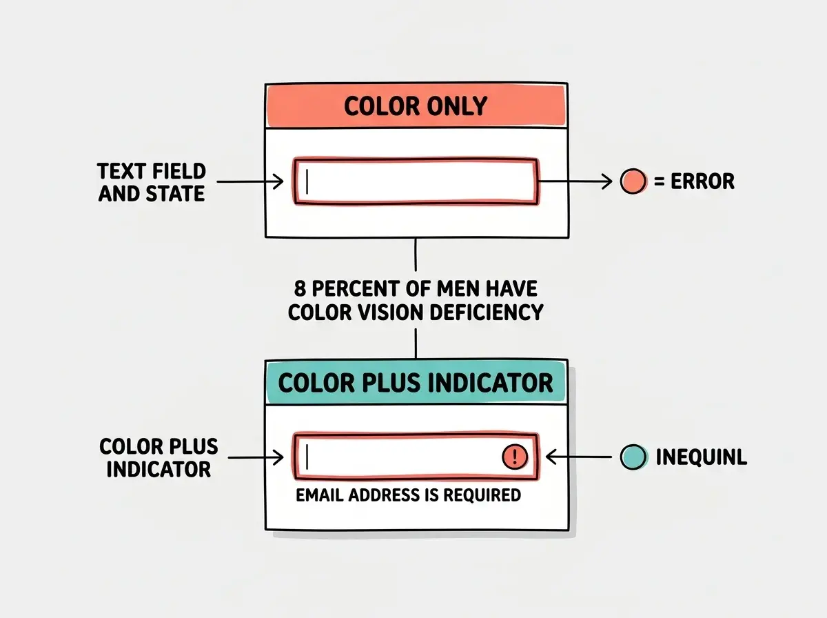 EXPLAINER DIAGRAM: Two form field examples stacked vertically. Top example header reads COLOR ONLY in coral, showing a text input with just a red border for the error state. Bottom example header reads COLOR PLUS INDICATOR in teal, showing a text input with a red border, an exclamation icon, and text reading EMAIL ADDRESS IS REQUIRED below the field. A label between them reads 8 PERCENT OF MEN HAVE COLOR VISION DEFICIENCY. Light gray background.