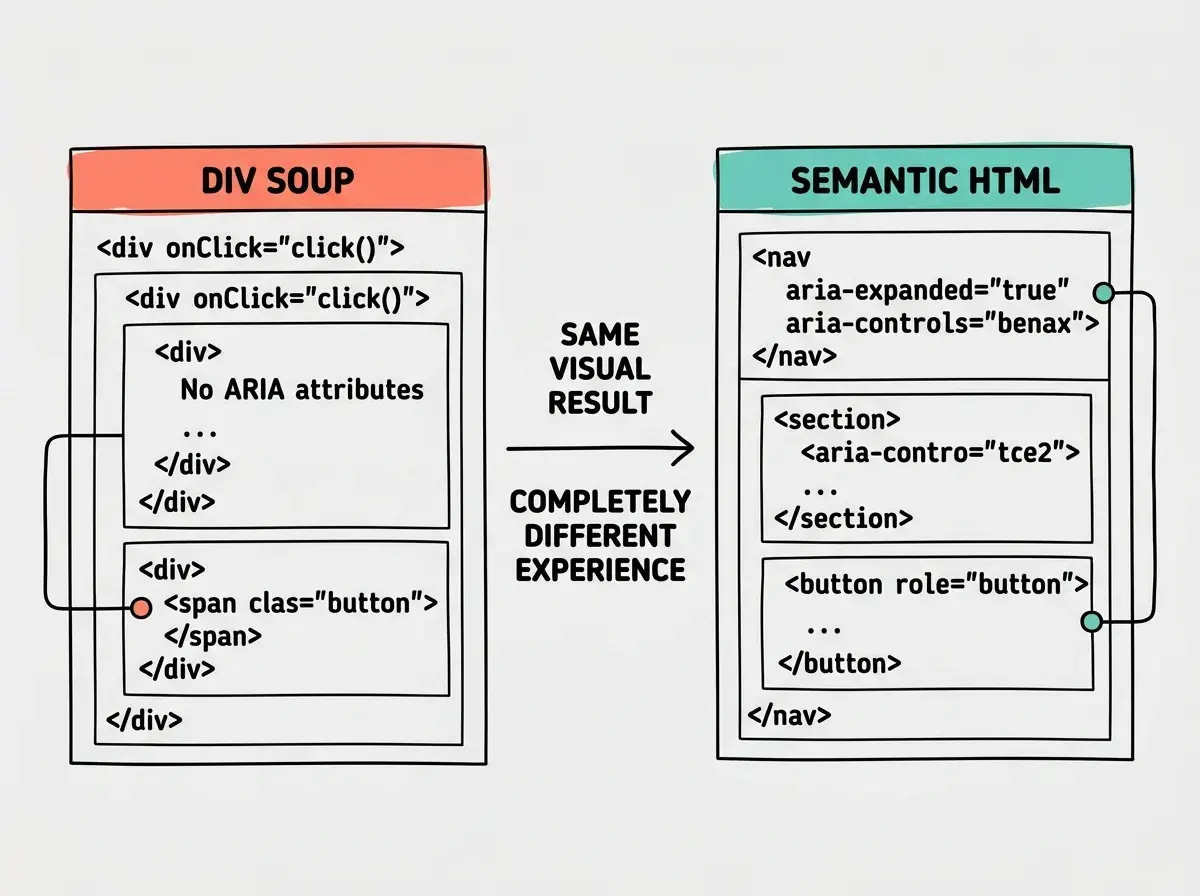 EXPLAINER DIAGRAM: Two side-by-side code blocks. Left block header reads DIV SOUP in coral, showing nested divs with onClick handlers, no ARIA attributes, and a span used as a button. Right block header reads SEMANTIC HTML in teal, showing nav, button, and section elements with aria-expanded, aria-controls, and role attributes. An arrow between them reads SAME VISUAL RESULT and COMPLETELY DIFFERENT EXPERIENCE. Light gray background.