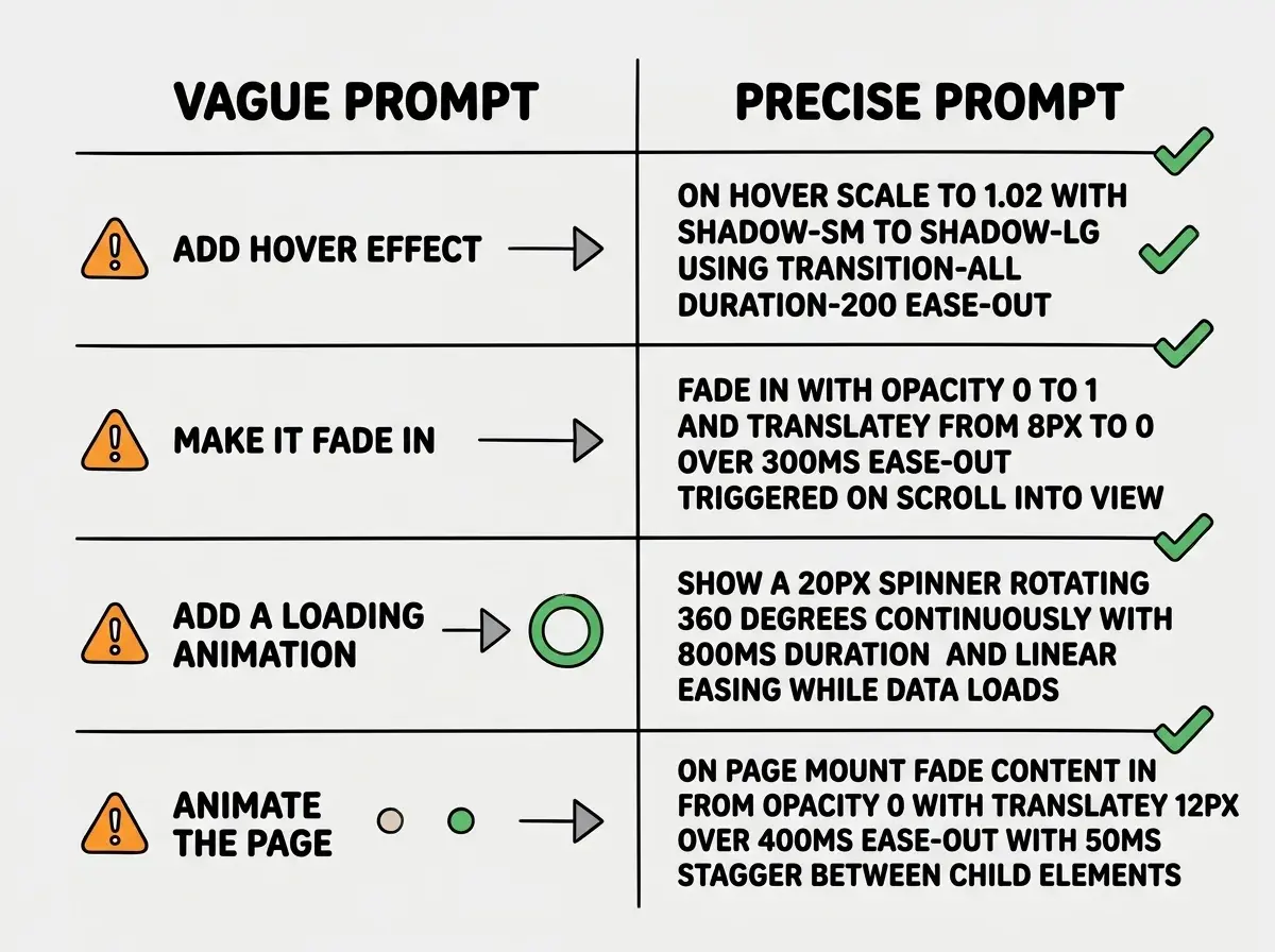 EXPLAINER DIAGRAM: A four-row comparison table with two columns labeled VAGUE PROMPT and PRECISE PROMPT. Row 1 shows Add hover effect on the left and On hover scale to 1.02 with shadow-sm to shadow-lg using transition-all duration-200 ease-out on the right. Row 2 shows Make it fade in on the left and Fade in with opacity 0 to 1 and translateY from 8px to 0 over 300ms ease-out triggered on scroll into view on the right. Row 3 shows Add a loading animation on the left and Show a 20px spinner rotating 360 degrees continuously with 800ms duration and linear easing while data loads on the right. Row 4 shows Animate the page on the left and On page mount fade content in from opacity 0 with translateY 12px over 400ms ease-out with 50ms stagger between child elements on the right. Each right column entry has a green checkmark and each left column entry has an orange warning icon.
