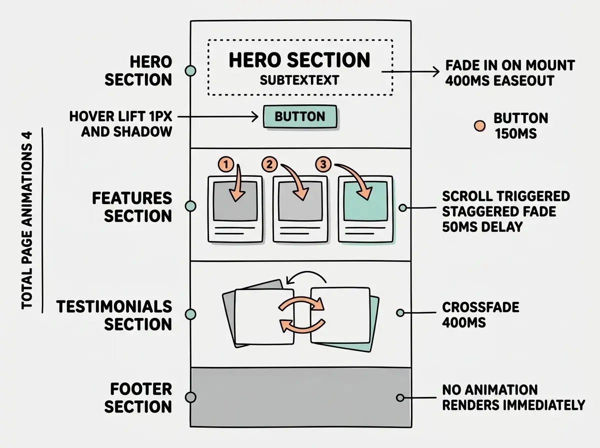 EXPLAINER DIAGRAM: A vertical page wireframe divided into four labeled sections. The HERO SECTION at top has a dotted outline around a heading and subtext with an arrow pointing right and the label Fade in on mount 400ms easeOut. Below it a button element has the label Hover lift 1px and shadow 150ms. The FEATURES SECTION in the middle shows three card placeholders in a row with staggered arrows numbered 1 2 3 pointing downward and the label Scroll triggered staggered fade 50ms delay. The TESTIMONIALS SECTION has two overlapping card shapes with a curved double arrow between them labeled Crossfade 400ms. The FOOTER SECTION at the bottom is a solid gray block with the label No animation renders immediately. A sidebar annotation reads Total page animations 4.