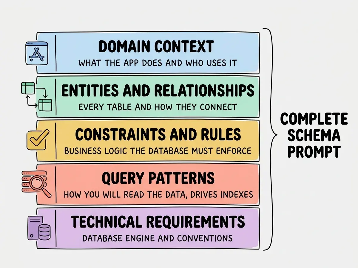 EXPLAINER DIAGRAM: Five horizontal rows forming a vertical stack, each a different soft color. Row 1 labeled DOMAIN CONTEXT with note what the app does and who uses it. Row 2 labeled ENTITIES AND RELATIONSHIPS with note every table and how they connect. Row 3 labeled CONSTRAINTS AND RULES with note business logic the database must enforce. Row 4 labeled QUERY PATTERNS with note how you will read the data, drives indexes. Row 5 labeled TECHNICAL REQUIREMENTS with note database engine and conventions. A bracket on the right groups all five rows and reads COMPLETE SCHEMA PROMPT.