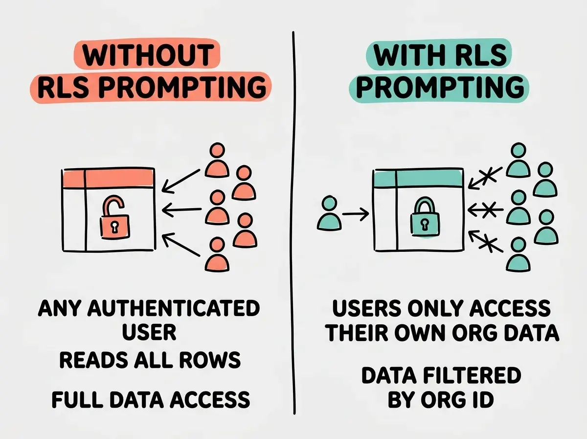 EXPLAINER DIAGRAM: Two columns side by side. Left column header WITHOUT RLS PROMPTING in coral, showing a simplified table icon with an open padlock and arrows pointing in from multiple user icons, with text any authenticated user reads all rows. Right column header WITH RLS PROMPTING in teal, showing a table icon with a closed padlock, arrows blocked except one from a single user icon, with text users only access their own org data. A dividing line between columns. Light gray background.