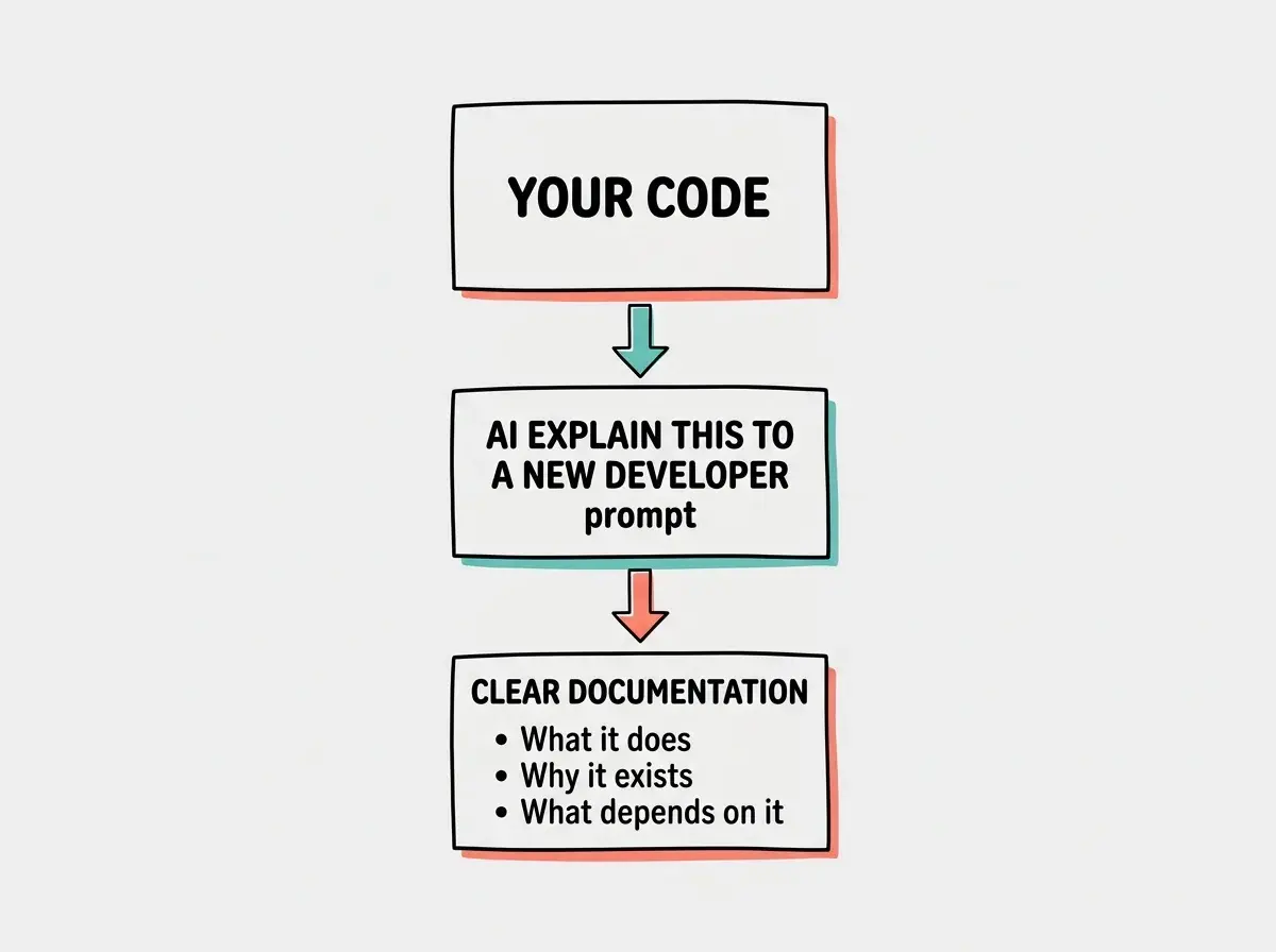 EXPLAINER DIAGRAM: A flowchart with three boxes connected by arrows. First box labeled YOUR CODE at the top. Arrow pointing down to a middle box labeled AI EXPLAIN THIS TO A NEW DEVELOPER prompt. Arrow pointing down to a bottom box labeled CLEAR DOCUMENTATION containing three bullet points: What it does, Why it exists, What depends on it. Simple clean layout with teal and coral accent colors on a white background.