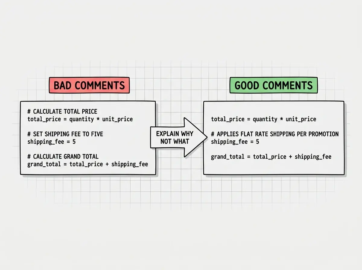 EXPLAINER DIAGRAM: Two side-by-side code blocks. Left block labeled BAD COMMENTS in red, showing three lines of code where each line has a comment above it restating the same thing the code does. Right block labeled GOOD COMMENTS in green, showing the same code with only one comment that explains a business logic decision. An arrow from left to right with the text EXPLAIN WHY NOT WHAT. Clean white background with subtle gray grid lines.