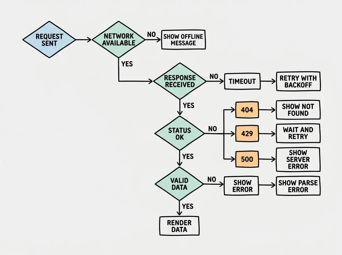 EXPLAINER DIAGRAM: A flowchart showing an API request moving through five decision points. First diamond reads REQUEST SENT, with a path to second diamond NETWORK AVAILABLE, NO path leads to a box labeled SHOW OFFLINE MESSAGE. YES path leads to third diamond RESPONSE RECEIVED, NO path leads to TIMEOUT box which connects to RETRY WITH BACKOFF. YES path leads to fourth diamond STATUS OK, NO path branches to three boxes: 404 leads to SHOW NOT FOUND, 429 leads to WAIT AND RETRY, 500 leads to SHOW SERVER ERROR. YES path from STATUS OK leads to fifth diamond VALID DATA, NO leads to SHOW PARSE ERROR, YES leads to RENDER DATA. Clean flowchart on light gray background.