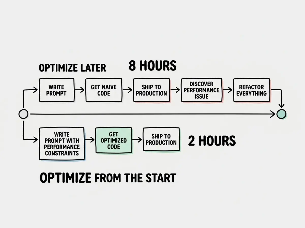 EXPLAINER DIAGRAM: A horizontal timeline showing two paths for building a feature. The top path labeled OPTIMIZE LATER shows five steps in sequence: Write Prompt, Get Naive Code, Ship to Production, Discover Performance Issue, and Refactor Everything, with a total time estimate of 8 hours. The bottom path labeled OPTIMIZE FROM THE START shows three steps: Write Prompt With Performance Constraints, Get Optimized Code, and Ship to Production, with a total time estimate of 2 hours. Both paths start at the same point and end at the same destination but the bottom path is dramatically shorter.