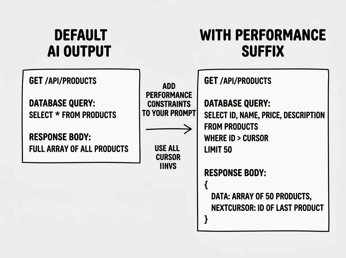 EXPLAINER DIAGRAM: Two code blocks side by side. Left block labeled DEFAULT AI OUTPUT shows pseudocode for a products API that does SELECT star FROM products with no pagination and returns the full array. Right block labeled WITH PERFORMANCE SUFFIX shows the same API but with cursor-based pagination using LIMIT and WHERE id greater than cursor, SELECT with only four specific columns listed, and a response object that includes both the data array and a nextCursor value. An arrow between them is labeled ADD PERFORMANCE CONSTRAINTS TO YOUR PROMPT.