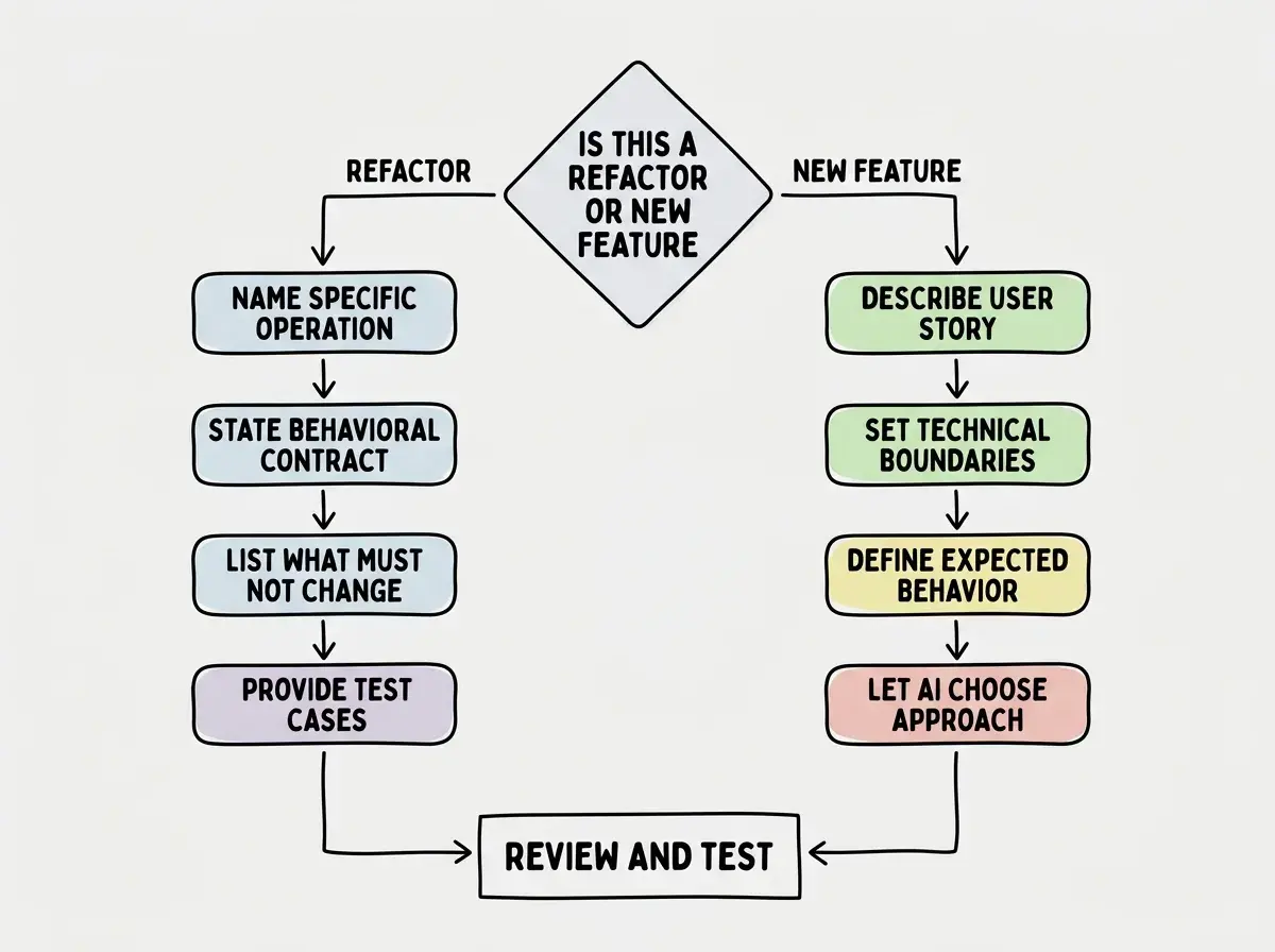 EXPLAINER DIAGRAM: A flowchart with a diamond decision node at top labeled IS THIS A REFACTOR OR NEW FEATURE. Left branch labeled REFACTOR leads to a vertical sequence of four rounded rectangles: Name specific operation, State behavioral contract, List what must not change, Provide test cases. Right branch labeled NEW FEATURE leads to: Describe user story, Set technical boundaries, Define expected behavior, Let AI choose approach. Both branches end at a single rectangle at bottom labeled REVIEW AND TEST. Light gray background.