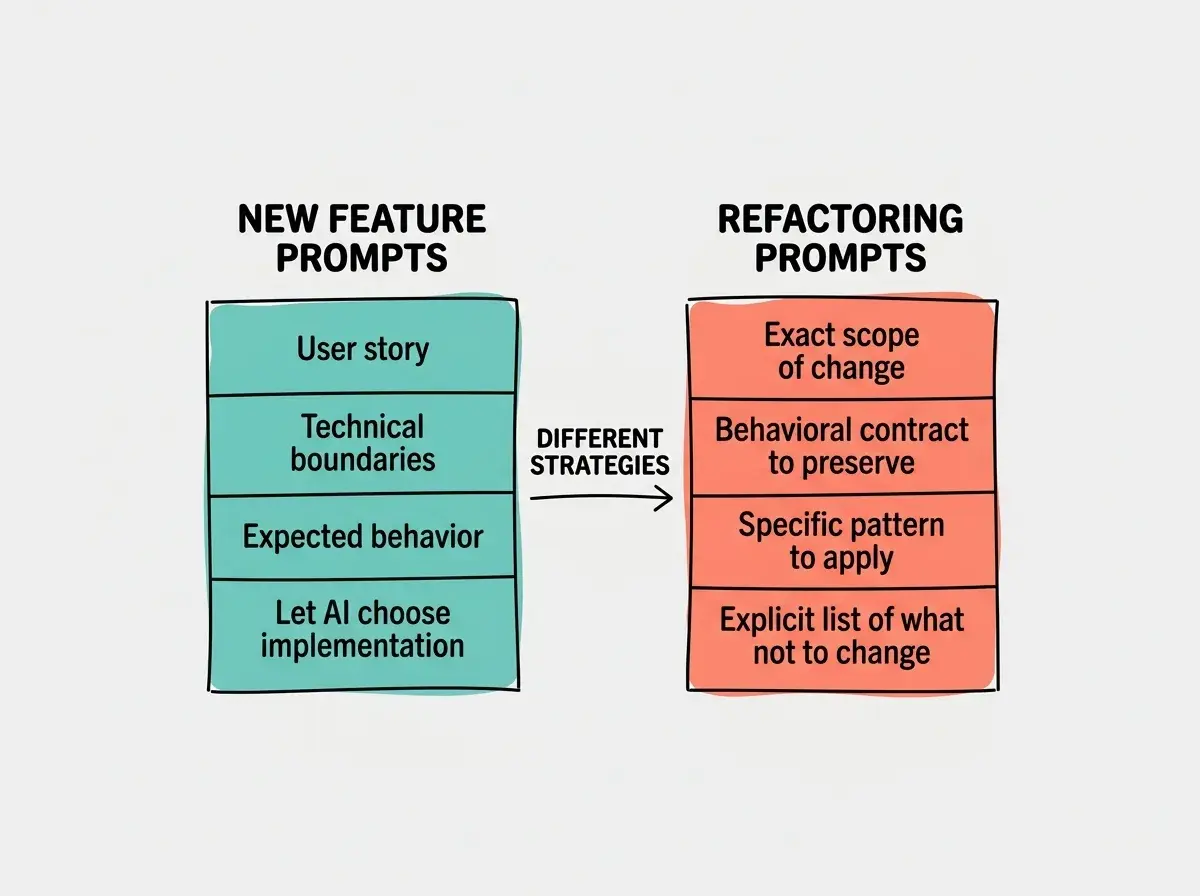 EXPLAINER DIAGRAM: Two side-by-side boxes. Left box in teal labeled NEW FEATURE PROMPTS with four items listed vertically: User story, Technical boundaries, Expected behavior, Let AI choose implementation. Right box in coral labeled REFACTORING PROMPTS with four items listed vertically: Exact scope of change, Behavioral contract to preserve, Specific pattern to apply, Explicit list of what not to change. An arrow between the boxes labeled DIFFERENT STRATEGIES. Light gray background.