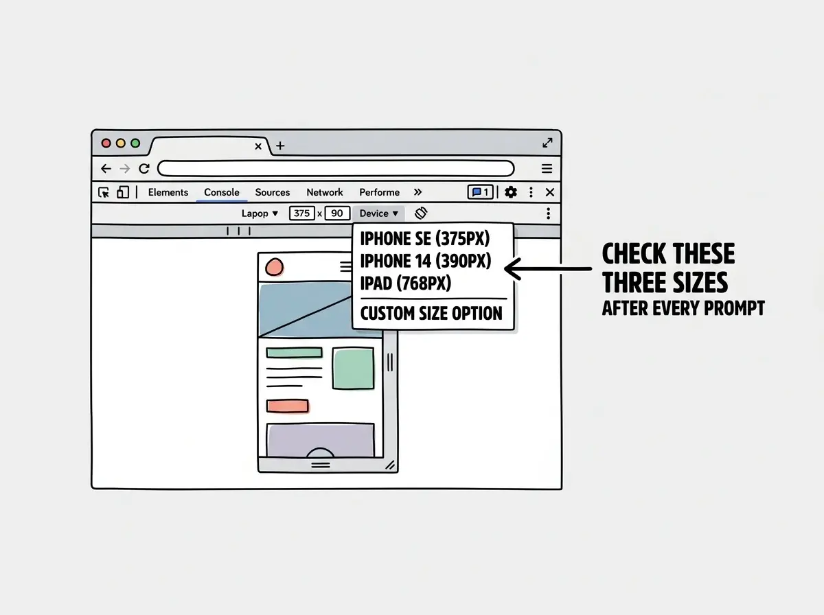 EXPLAINER DIAGRAM: A browser window showing Chrome DevTools device mode toolbar at the top with a device dropdown menu open, listing iPhone SE at 375px, iPhone 14 at 390px, iPad at 768px, and a custom size option. Below the toolbar, a responsive website preview is shown at phone width with visible layout elements. An annotation arrow points to the device dropdown with the label CHECK THESE THREE SIZES AFTER EVERY PROMPT. Clean, minimal style with light background.