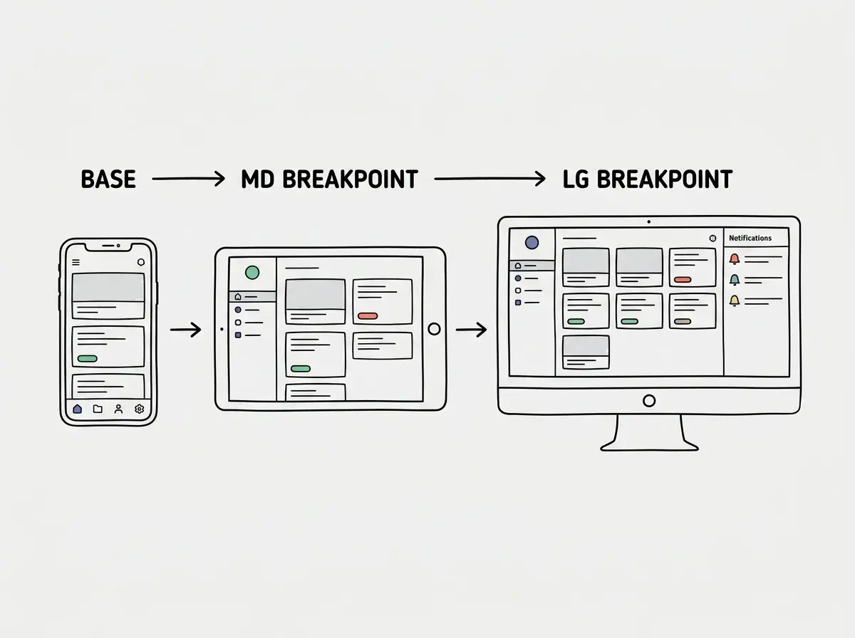 EXPLAINER DIAGRAM: Three device outlines side by side showing the same app layout at different sizes. Left shows a phone with a single column of stacked cards and a bottom navigation bar with four icons. Center shows a tablet with a left sidebar navigation and two columns of cards. Right shows a desktop monitor with a left sidebar, three columns of cards, and a right panel for notifications. Arrows between devices are labeled BASE, MD BREAKPOINT, and LG BREAKPOINT. Light background with clean lines.