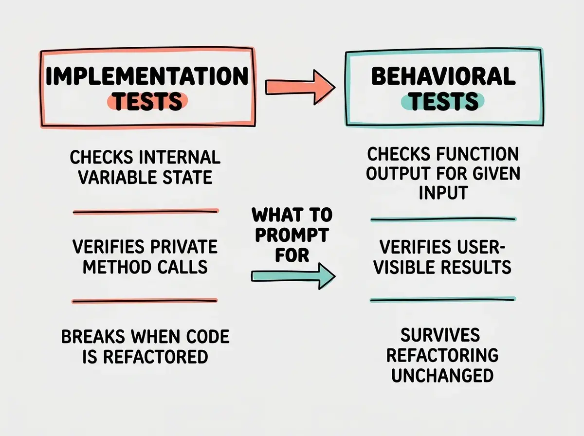 EXPLAINER DIAGRAM: Two columns comparing testing approaches. Left column header reads IMPLEMENTATION TESTS in coral, with three example lines: CHECKS INTERNAL VARIABLE STATE, VERIFIES PRIVATE METHOD CALLS, and BREAKS WHEN CODE IS REFACTORED. Right column header reads BEHAVIORAL TESTS in teal, with three example lines: CHECKS FUNCTION OUTPUT FOR GIVEN INPUT, VERIFIES USER-VISIBLE RESULTS, and SURVIVES REFACTORING UNCHANGED. An arrow between columns points left to right labeled WHAT TO PROMPT FOR. Light gray background.