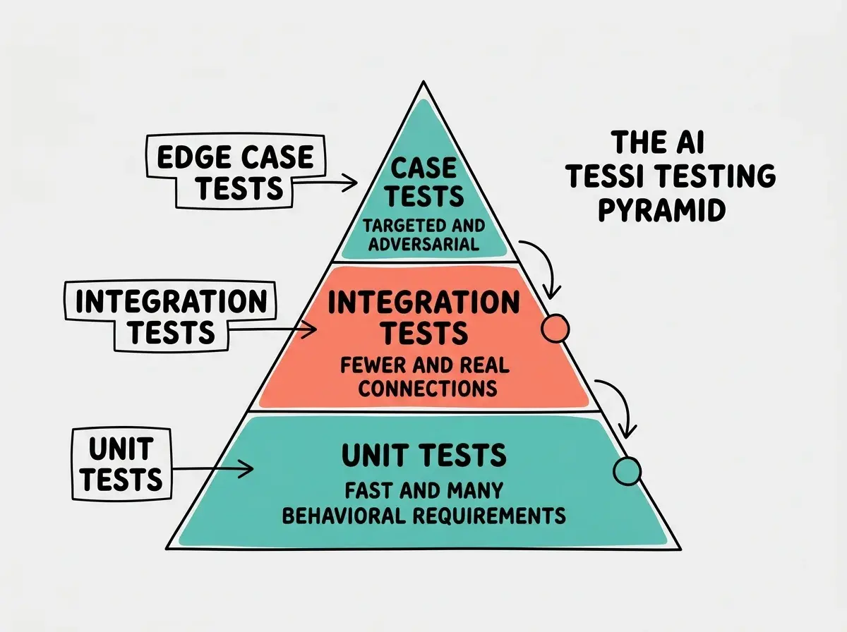 EXPLAINER DIAGRAM: A pyramid with three horizontal sections. The bottom section is the widest, colored in teal, labeled UNIT TESTS with subtitle FAST AND MANY and BEHAVIORAL REQUIREMENTS. The middle section is medium width, colored in coral, labeled INTEGRATION TESTS with subtitle FEWER AND REAL CONNECTIONS. The top section is narrow, colored in teal, labeled EDGE CASE TESTS with subtitle TARGETED AND ADVERSARIAL. A label to the right reads THE AI TESTING PYRAMID. Light gray background.