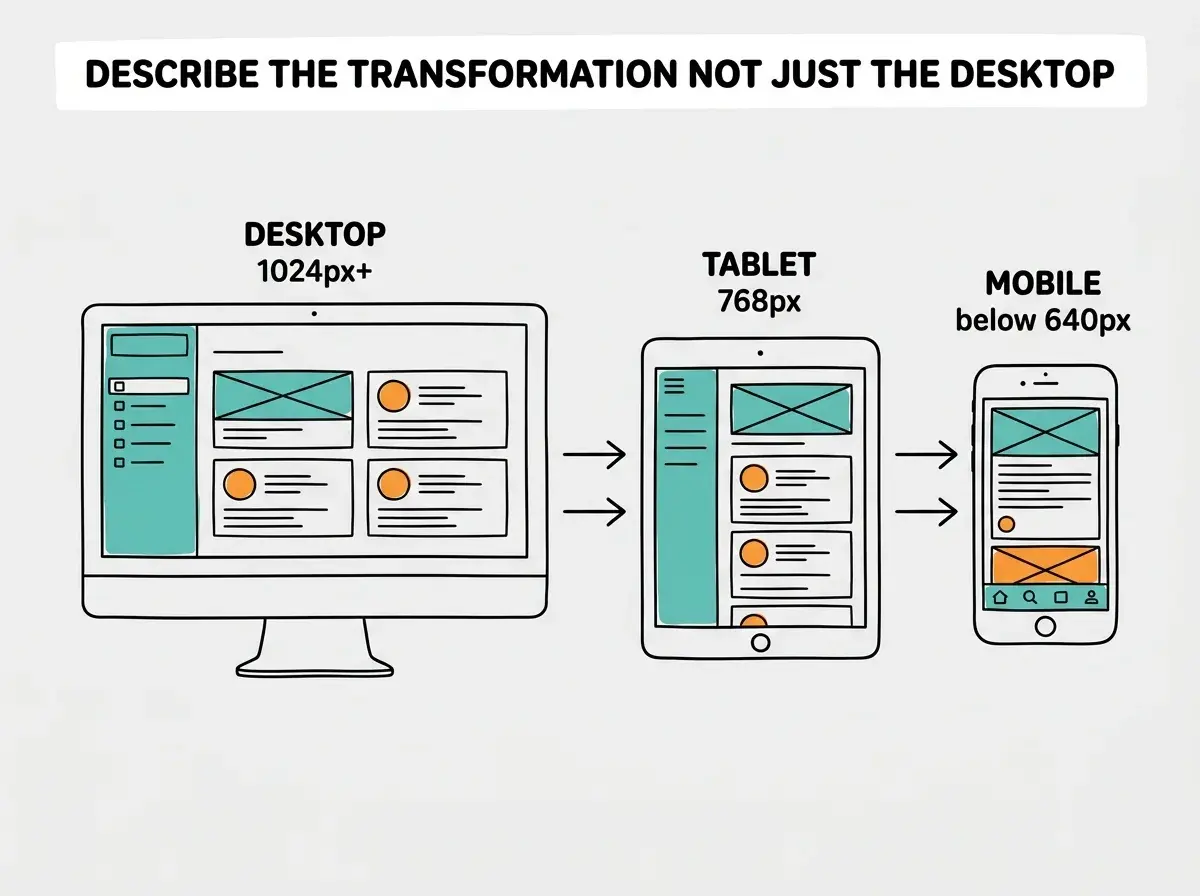 EXPLAINER DIAGRAM: A horizontal sequence of three device outlines from left to right: a desktop monitor, a tablet, and a smartphone. The desktop shows a wireframe with a left sidebar and a two-column card grid in the main area. An arrow points right to the tablet, which shows the same layout but with the sidebar collapsed into a hamburger icon at the top left and the cards in a single wider column. Another arrow points right to the smartphone, which shows a single column of stacked cards with a bottom navigation bar replacing the sidebar entirely. Below each device is a label: DESKTOP 1024px+, TABLET 768px, MOBILE below 640px. A banner across the top reads DESCRIBE THE TRANSFORMATION NOT JUST THE DESKTOP. Light gray background.