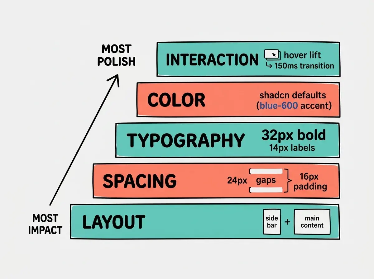 EXPLAINER DIAGRAM: A vertical stack of five horizontal bars representing the specificity ladder, each a different color and getting slightly wider from top to bottom like ascending stairs flipped on their side. Bottom bar is teal labeled LAYOUT with example text sidebar plus main content area. Next bar up is coral labeled SPACING with example text 24px gaps and 16px padding. Middle bar is teal labeled TYPOGRAPHY with example text 32px bold numbers and 14px labels. Next bar is coral labeled COLOR with example text shadcn defaults plus blue-600 accent. Top bar is teal labeled INTERACTION with example text hover lift with 150ms transition. A vertical arrow on the left reads MOST IMPACT at the bottom pointing up to MOST POLISH at the top. Light gray background.