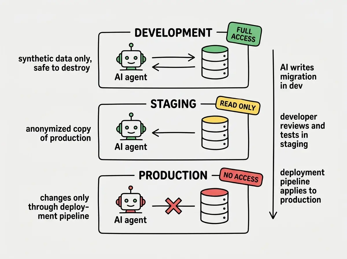 EXPLAINER DIAGRAM: A three-tier architecture showing dev, staging, and production databases. The top tier labeled DEVELOPMENT shows an AI agent icon with a two-way arrow to a database cylinder, with a green badge saying FULL ACCESS and a note that says synthetic data only, safe to destroy. The middle tier labeled STAGING shows the AI agent with a one-way arrow pointing from the database to the agent, with a yellow badge saying READ ONLY and a note that says anonymized copy of production. The bottom tier labeled PRODUCTION shows the AI agent with a red X blocking any connection, with a red badge saying NO ACCESS and a note that says changes only through deployment pipeline. A vertical arrow on the right side shows the flow: AI writes migration in dev, developer reviews and tests in staging, deployment pipeline applies to production.