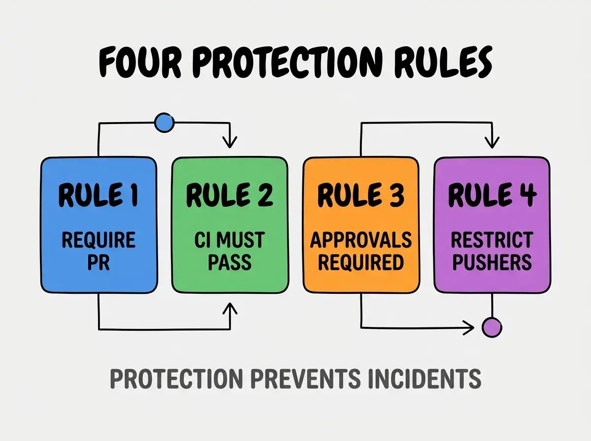 Clean modern flat infographic on light gray background. Top center bold black title text: FOUR PROTECTION RULES. Below title, four equal sized colored rounded rectangle cards arranged horizontally. Card 1 blue: large bold text RULE 1 then smaller text REQUIRE PR. Card 2 green: large bold text RULE 2 then smaller text CI MUST PASS. Card 3 orange: large bold text RULE 3 then smaller text APPROVALS REQUIRED. Card 4 purple: large bold text RULE 4 then smaller text RESTRICT PUSHERS. Single footer line below cards in dark gray text: PROTECTION PREVENTS INCIDENTS. Nothing else on canvas. No text outside cards or below cards.