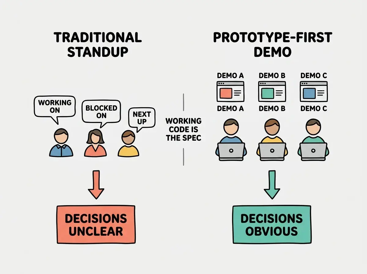 EXPLAINER DIAGRAM: A side-by-side comparison with two columns. Left column header TRADITIONAL STANDUP shows three people icons with speech bubbles containing text fragments: WORKING ON, BLOCKED ON, NEXT UP, all small text. Below them an arrow pointing down to a single box labeled DECISIONS UNCLEAR (coral). Right column header PROTOTYPE-FIRST DEMO shows three people icons each with a laptop and a small screenshot icon above them labeled DEMO A, DEMO B, DEMO C. Below them an arrow pointing down to a box labeled DECISIONS OBVIOUS (teal). A small middle divider has text WORKING CODE IS THE SPEC.
