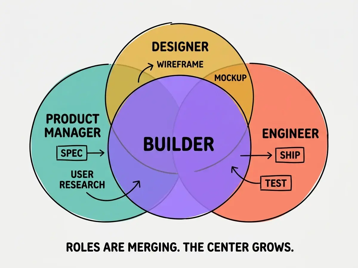 EXPLAINER DIAGRAM: A Venn diagram with three large overlapping circles. Left circle (teal) labeled PRODUCT MANAGER with items SPEC, USER RESEARCH. Middle circle (golden) labeled DESIGNER with items WIREFRAME, MOCKUP. Right circle (coral) labeled ENGINEER with items SHIP, TEST. The center overlap region (much larger than traditional Venn diagrams, taking up most of the space) is colored violet and labeled BUILDER. A caption underneath reads ROLES ARE MERGING. THE CENTER GROWS. The outer non-overlapping regions of each circle are small and faded.