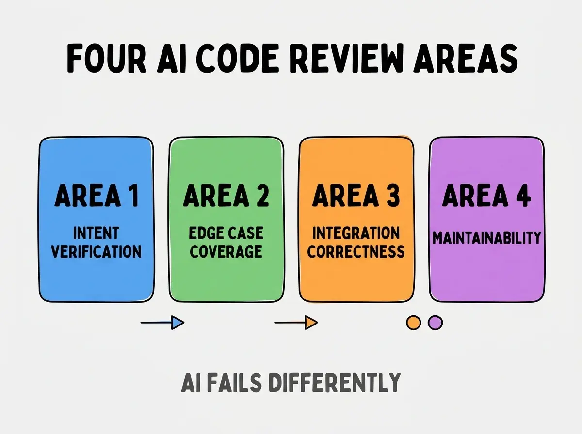 Clean modern flat infographic on light gray background. Top center bold black title text: FOUR AI CODE REVIEW AREAS. Below title, four equal sized colored rounded rectangle cards arranged horizontally. Card 1 blue: large bold text AREA 1 then smaller text INTENT VERIFICATION. Card 2 green: large bold text AREA 2 then smaller text EDGE CASE COVERAGE. Card 3 orange: large bold text AREA 3 then smaller text INTEGRATION CORRECTNESS. Card 4 purple: large bold text AREA 4 then smaller text MAINTAINABILITY. Single footer line below cards in dark gray text: AI FAILS DIFFERENTLY. Nothing else on canvas. No text outside cards or below cards.