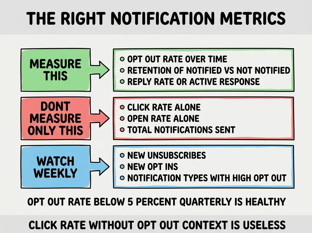 EXPLAINER DIAGRAM titled THE RIGHT NOTIFICATION METRICS shown as a horizontal panel with three labeled rows on a slate background. Row 1 in green labeled MEASURE THIS, with bullet items OPT OUT RATE OVER TIME, RETENTION OF NOTIFIED VS NOT NOTIFIED, REPLY RATE OR ACTIVE RESPONSE. Row 2 in red labeled DONT MEASURE ONLY THIS, with bullet items CLICK RATE ALONE, OPEN RATE ALONE, TOTAL NOTIFICATIONS SENT. Row 3 in blue labeled WATCH WEEKLY, with bullet items NEW UNSUBSCRIBES, NEW OPT INS, NOTIFICATION TYPES WITH HIGH OPT OUT. Bottom label reads OPT OUT RATE BELOW 5 PERCENT QUARTERLY IS HEALTHY. Footer reads CLICK RATE WITHOUT OPT OUT CONTEXT IS USELESS.