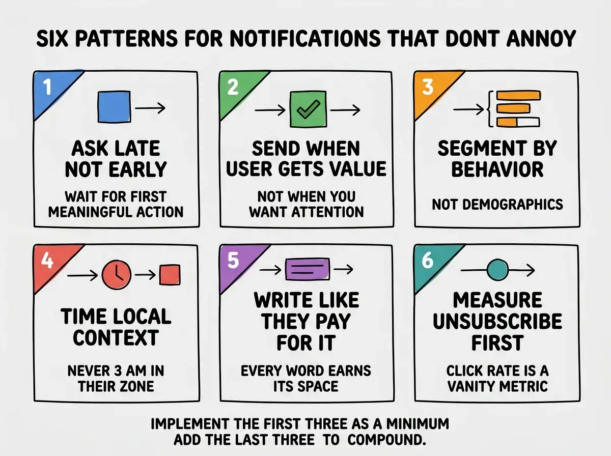 EXPLAINER DIAGRAM titled SIX PATTERNS FOR NOTIFICATIONS THAT DONT ANNOY shown as a 2x3 grid of tiles on a slate background. Tile 1 blue ASK LATE NOT EARLY, sublabel WAIT FOR FIRST MEANINGFUL ACTION. Tile 2 green SEND WHEN USER GETS VALUE, sublabel NOT WHEN YOU WANT ATTENTION. Tile 3 orange SEGMENT BY BEHAVIOR, sublabel NOT DEMOGRAPHICS. Tile 4 red TIME LOCAL CONTEXT, sublabel NEVER 3 AM IN THEIR ZONE. Tile 5 purple WRITE LIKE THEY PAY FOR IT, sublabel EVERY WORD EARNS ITS SPACE. Tile 6 teal MEASURE UNSUBSCRIBE FIRST, sublabel CLICK RATE IS A VANITY METRIC. Footer reads IMPLEMENT THE FIRST THREE AS A MINIMUM, ADD THE LAST THREE TO COMPOUND.