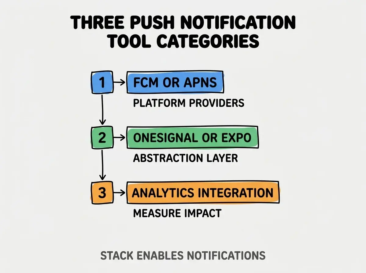 Clean modern flat infographic on light gray background. Top title bold black: THREE PUSH NOTIFICATION TOOL CATEGORIES. Single vertical numbered list with three rows. Row 1 blue badge FCM OR APNS with subtitle PLATFORM PROVIDERS. Row 2 green badge ONESIGNAL OR EXPO with subtitle ABSTRACTION LAYER. Row 3 orange badge ANALYTICS INTEGRATION with subtitle MEASURE IMPACT. Footer text dark gray: STACK ENABLES NOTIFICATIONS. Each label appears exactly once. No duplicated text.
