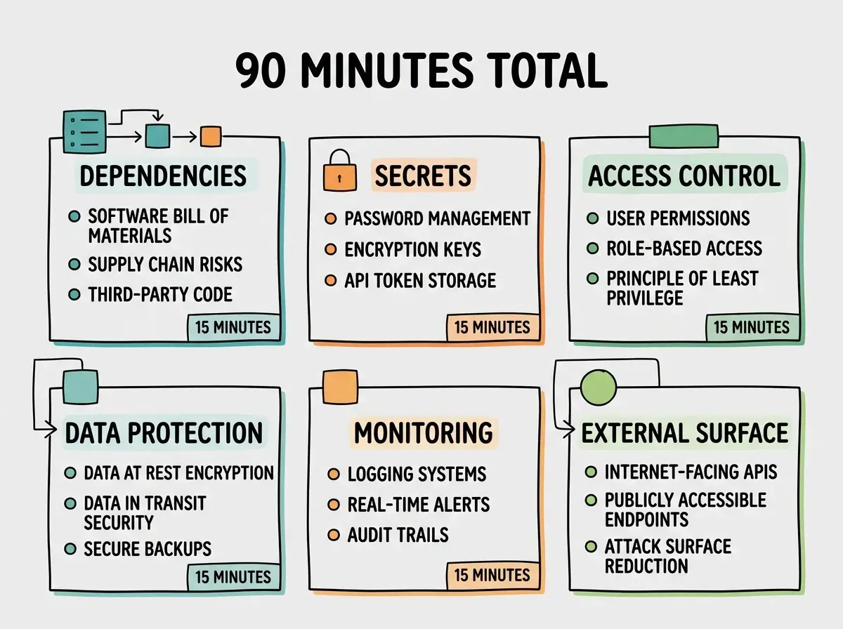 EXPLAINER DIAGRAM: Six cards in a two-by-three grid. Each card has a title and three bullet items. Cards labeled DEPENDENCIES, SECRETS, ACCESS CONTROL, DATA PROTECTION, MONITORING, and EXTERNAL SURFACE. Each card shows 15 MINUTES. Header reads 90 MINUTES TOTAL.