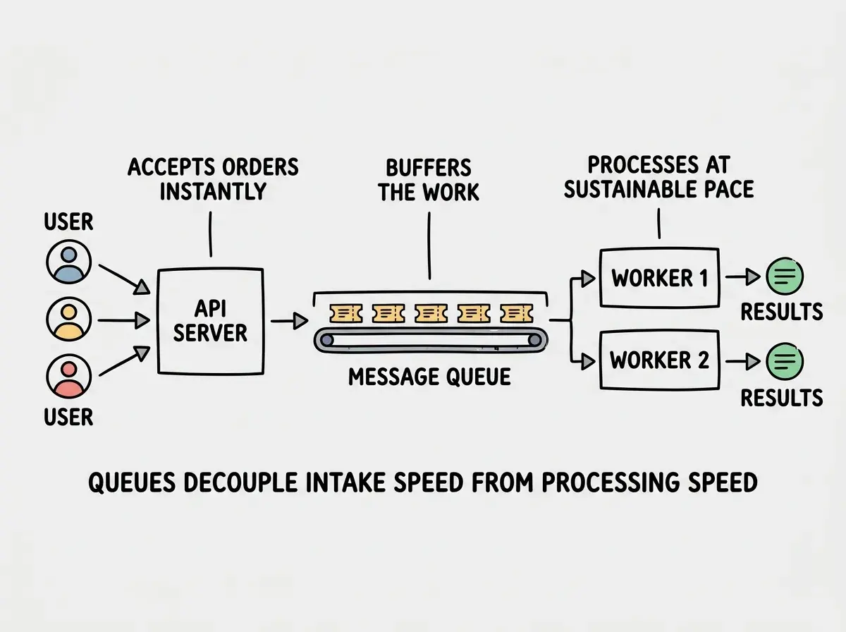 EXPLAINER DIAGRAM: A horizontal flow diagram showing queue-based architecture. On the left, three USER icons with arrows pointing right into a box labeled API SERVER. From the API SERVER, a single arrow points right into a long horizontal rectangle labeled MESSAGE QUEUE, drawn to look like a rail or conveyor belt with several small ticket icons sitting on it. From the right end of the MESSAGE QUEUE, arrows point right into two boxes stacked vertically labeled WORKER 1 and WORKER 2. Each worker has an arrow pointing right to a RESULTS icon. Above the API SERVER a label reads ACCEPTS ORDERS INSTANTLY. Above the MESSAGE QUEUE a label reads BUFFERS THE WORK. Above the workers a label reads PROCESSES AT SUSTAINABLE PACE. Below the entire diagram a caption reads QUEUES DECOUPLE INTAKE SPEED FROM PROCESSING SPEED.