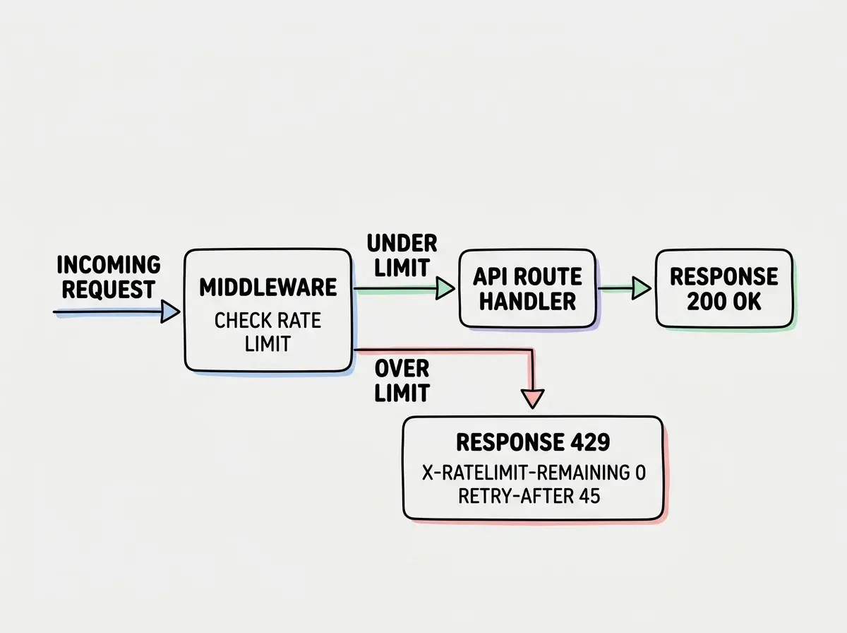EXPLAINER DIAGRAM: A flowchart showing the middleware rate limiting pipeline. On the left an arrow labeled INCOMING REQUEST enters a box labeled MIDDLEWARE with a sub-label CHECK RATE LIMIT. Two arrows exit the middleware box. The top arrow labeled UNDER LIMIT points right to a box labeled API ROUTE HANDLER which then points to a box labeled RESPONSE 200 OK. The bottom arrow labeled OVER LIMIT points down to a box labeled RESPONSE 429 with sub-labels X-RATELIMIT-REMAINING 0 and RETRY-AFTER 45. Clean flowchart style with rounded boxes and directional arrows on a light background.