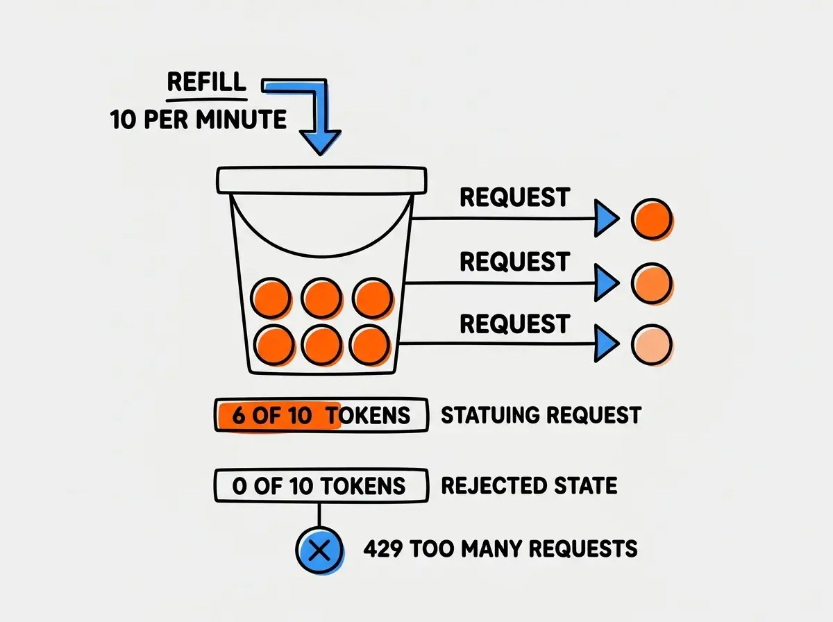 EXPLAINER DIAGRAM: A visual representation of the token bucket algorithm. On the left, a bucket shape contains six circular tokens. An arrow labeled REFILL 10 PER MINUTE points into the top of the bucket. On the right, three arrows exit the bottom of the bucket, each labeled REQUEST and each consuming one token. Below the bucket a status bar shows 6 of 10 tokens remaining. A rejected request icon with an X sits below the empty state showing 0 of 10 tokens with the label 429 TOO MANY REQUESTS. Clean lines on a light background.