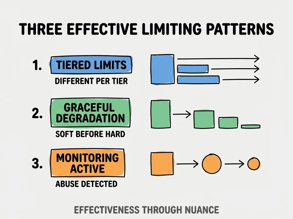 Clean modern flat infographic on light gray background. Top title bold black: THREE EFFECTIVE LIMITING PATTERNS. Single vertical numbered list with three rows. Row 1 blue badge TIERED LIMITS with subtitle DIFFERENT PER TIER. Row 2 green badge GRACEFUL DEGRADATION with subtitle SOFT BEFORE HARD. Row 3 orange badge MONITORING ACTIVE with subtitle ABUSE DETECTED. Footer text dark gray: EFFECTIVENESS THROUGH NUANCE. Each label appears exactly once. No duplicated text.
