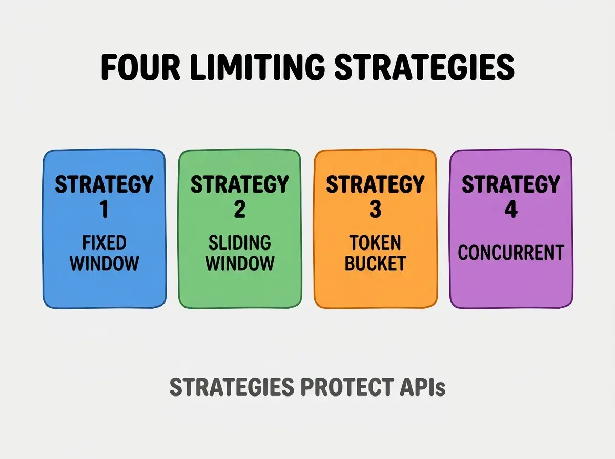 Clean modern flat infographic on light gray background. Top center bold black title text: FOUR LIMITING STRATEGIES. Below title, four equal sized colored rounded rectangle cards arranged horizontally. Card 1 blue: large bold text STRATEGY 1 then smaller text FIXED WINDOW. Card 2 green: large bold text STRATEGY 2 then smaller text SLIDING WINDOW. Card 3 orange: large bold text STRATEGY 3 then smaller text TOKEN BUCKET. Card 4 purple: large bold text STRATEGY 4 then smaller text CONCURRENT. Single footer line below cards in dark gray text: STRATEGIES PROTECT APIS. Nothing else on canvas. No text outside cards or below cards.
