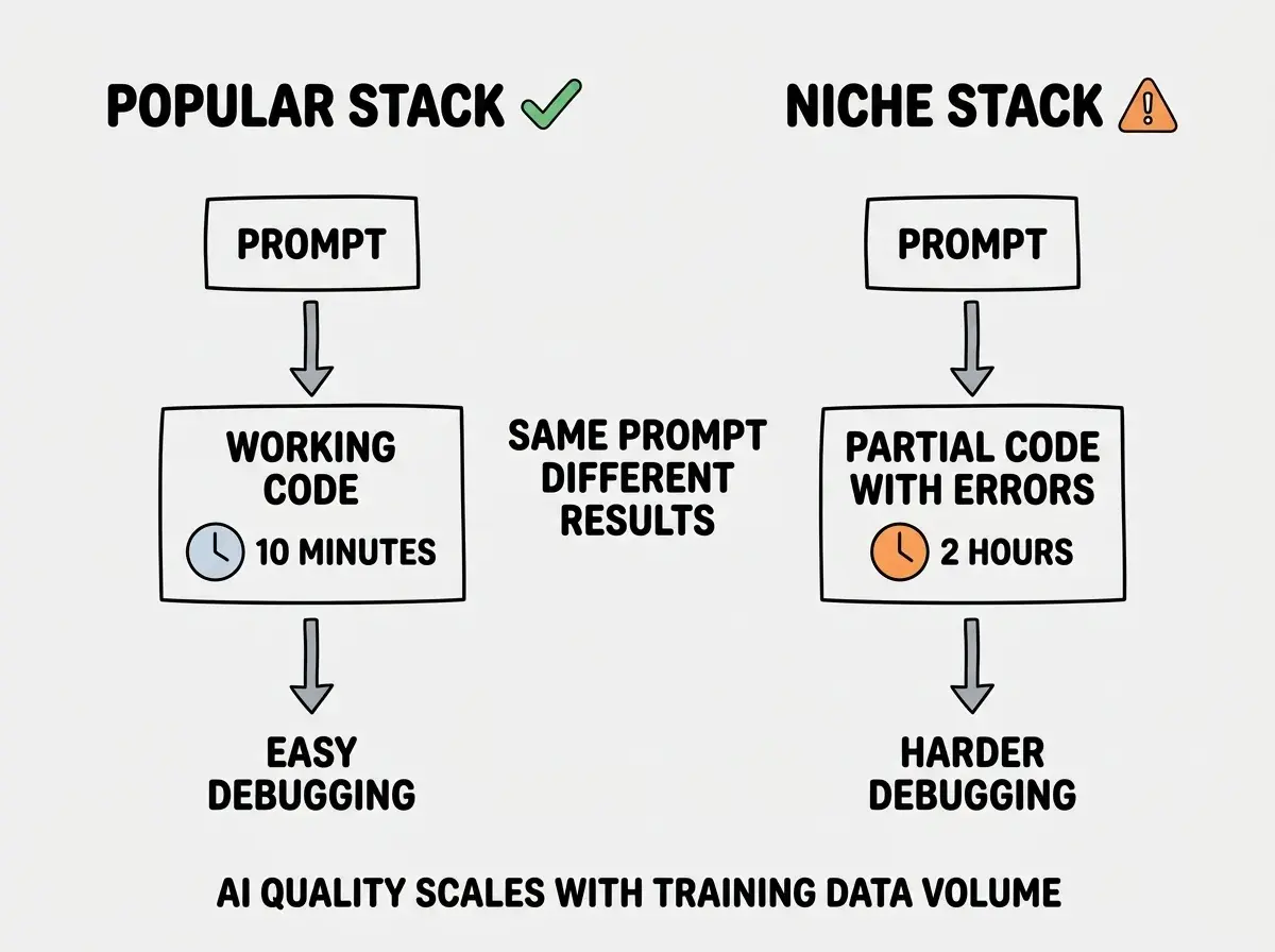 EXPLAINER DIAGRAM: A horizontal comparison with two columns. Left column labeled POPULAR STACK with a green checkmark header shows a vertical flow: PROMPT at top, arrow to WORKING CODE in the middle with a clock icon showing 10 MINUTES, arrow to EASY DEBUGGING at bottom. Right column labeled NICHE STACK with an orange warning header shows a vertical flow: PROMPT at top, arrow to PARTIAL CODE WITH ERRORS in the middle with a clock icon showing 2 HOURS, arrow to HARDER DEBUGGING at bottom. Between the columns, centered text reads SAME PROMPT DIFFERENT RESULTS. Below both columns, a note reads AI QUALITY SCALES WITH TRAINING DATA VOLUME.