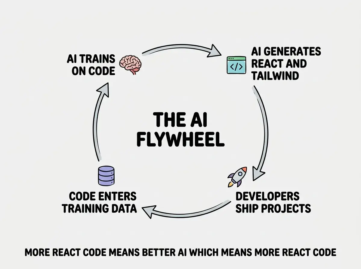 EXPLAINER DIAGRAM: A circular feedback loop with four nodes connected by arrows. First node labeled AI TRAINS ON CODE with a brain icon. Arrow flows to second node labeled AI GENERATES REACT AND TAILWIND with a code bracket icon. Arrow flows to third node labeled DEVELOPERS SHIP PROJECTS with a rocket icon. Arrow flows to fourth node labeled CODE ENTERS TRAINING DATA with a database icon. Arrow flows back to the first node. In the center of the loop, bold text reads THE AI FLYWHEEL. Below the diagram, a caption reads MORE REACT CODE MEANS BETTER AI WHICH MEANS MORE REACT CODE.