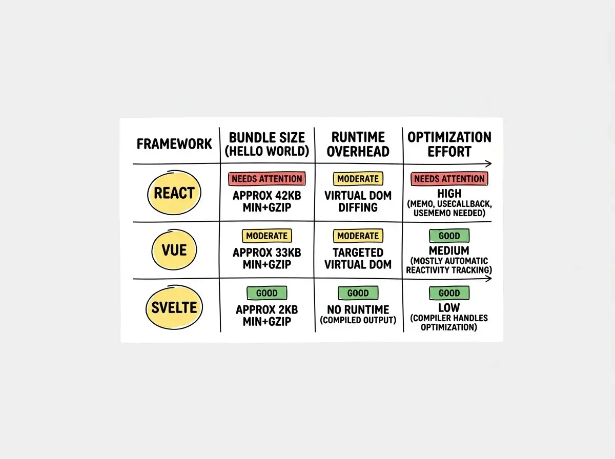 EXPLAINER DIAGRAM: A comparison table on white background with three rows and four columns. Column headers are FRAMEWORK, BUNDLE SIZE (HELLO WORLD), RUNTIME OVERHEAD, and OPTIMIZATION EFFORT. Row 1 shows React with approximately 42KB min+gzip, Virtual DOM diffing, and High (memo, useCallback, useMemo needed). Row 2 shows Vue with approximately 33KB min+gzip, Targeted virtual DOM, and Medium (mostly automatic reactivity tracking). Row 3 shows Svelte with approximately 2KB min+gzip, No runtime (compiled output), and Low (compiler handles optimization). Each cell uses a simple color indicator: green for good, yellow for moderate, red for needs attention.