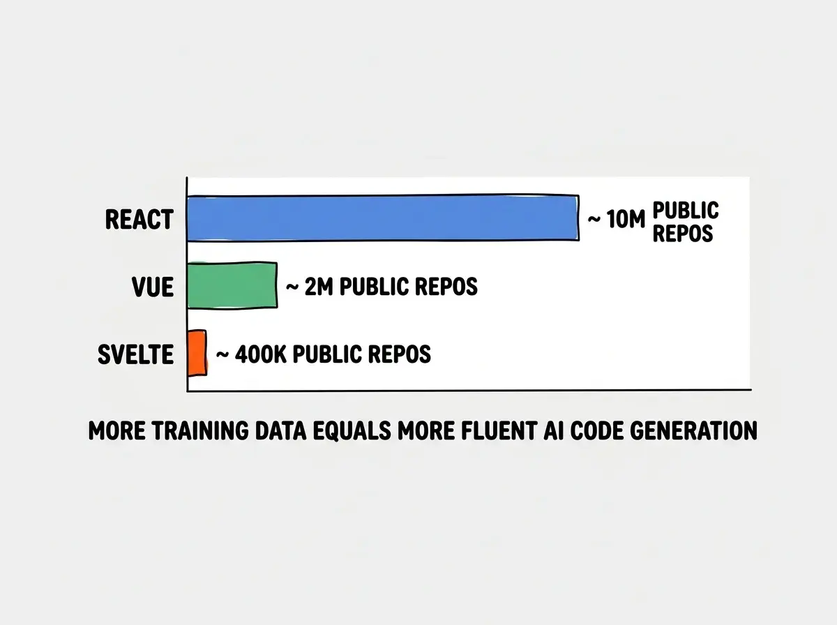 EXPLAINER DIAGRAM: A horizontal bar chart on white background comparing AI training data volume for each framework. Three bars labeled REACT, VUE, and SVELTE. React bar extends nearly full width and is labeled approximately 10M public repos. Vue bar extends about one-fifth the width and is labeled approximately 2M public repos. Svelte bar extends about one-twentieth the width and is labeled approximately 400K public repos. Below the chart, a subtitle reads MORE TRAINING DATA EQUALS MORE FLUENT AI CODE GENERATION. The bars use distinct colors: React in blue, Vue in green, Svelte in orange.
