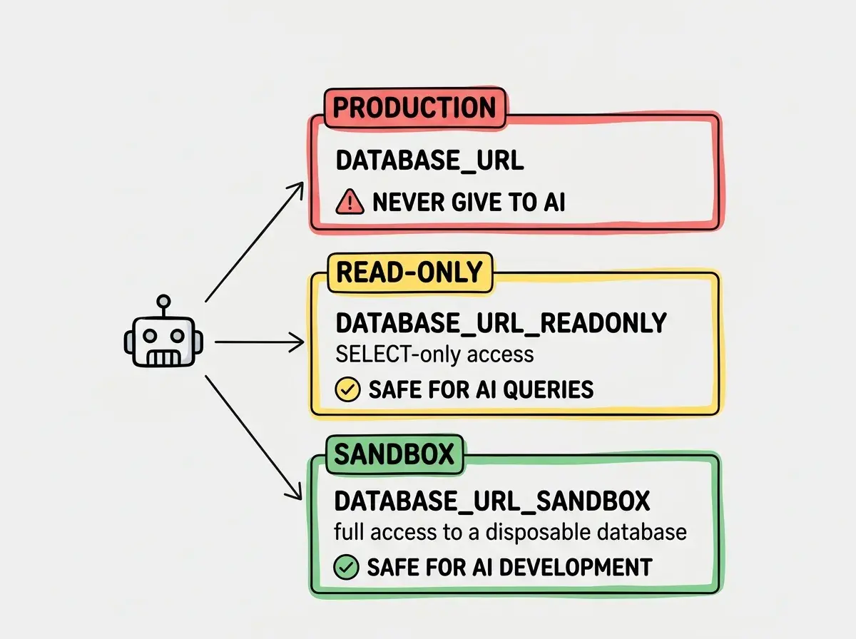 EXPLAINER DIAGRAM: A three-tier access diagram showing connection string management. Top tier labeled PRODUCTION has a red border and shows DATABASE_URL with full read/write access, marked with a warning symbol and text NEVER GIVE TO AI. Middle tier labeled READ-ONLY has a yellow border and shows DATABASE_URL_READONLY with SELECT-only access, marked with a checkmark and text SAFE FOR AI QUERIES. Bottom tier labeled SANDBOX has a green border and shows DATABASE_URL_SANDBOX with full access to a disposable database, marked with a checkmark and text SAFE FOR AI DEVELOPMENT. Arrows from a robot icon point to the middle and bottom tiers only.