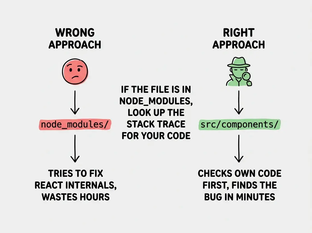 EXPLAINER DIAGRAM: Two columns comparing error investigation approaches. Left column labeled WRONG APPROACH shows a confused face icon, an arrow pointing to a node_modules/ file path highlighted in red, and text reading Tries to fix React internals, wastes hours. Right column labeled RIGHT APPROACH shows a detective icon, an arrow pointing to a src/components/ file path highlighted in green, and text reading Checks own code first, finds the bug in minutes. Between the columns, a simple rule is displayed: If the file is in node_modules, look UP the stack trace for your code.