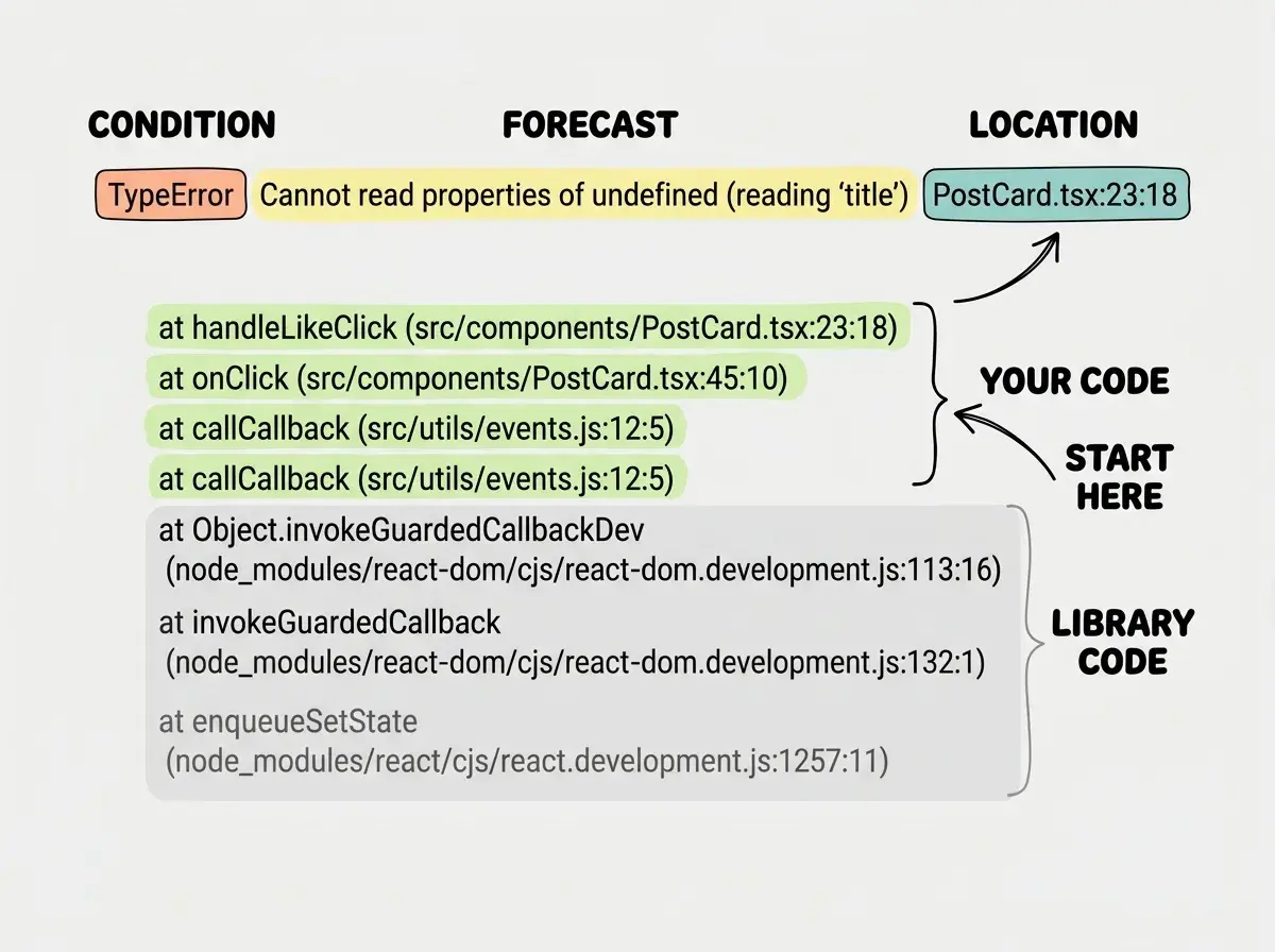 EXPLAINER DIAGRAM: A stack trace broken into labeled sections. The top line shows the error message with three color-coded parts: the error type (TypeError) labeled CONDITION, the description (Cannot read properties of undefined) labeled FORECAST, and the file path with line number (PostCard.tsx:23:18) labeled LOCATION. Below it, the stack trace lines are split into two groups: the top group labeled YOUR CODE (highlighted in a light color) showing file paths starting with src/, and the bottom group labeled LIBRARY CODE (dimmed) showing file paths starting with node_modules/. An arrow points to the YOUR Code section with text START HERE.