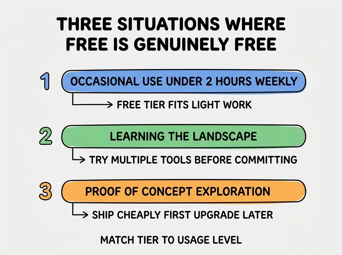 EXPLAINER DIAGRAM titled THREE SITUATIONS WHERE FREE IS GENUINELY FREE shown as a vertical numbered list on a slate background. Three rows. Row 1 blue badge OCCASIONAL USE UNDER 2 HOURS WEEKLY sublabel FREE TIER FITS LIGHT WORK. Row 2 green badge LEARNING THE LANDSCAPE sublabel TRY MULTIPLE TOOLS BEFORE COMMITTING. Row 3 orange badge PROOF OF CONCEPT EXPLORATION sublabel SHIP CHEAPLY FIRST UPGRADE LATER. Footer reads MATCH TIER TO USAGE LEVEL.