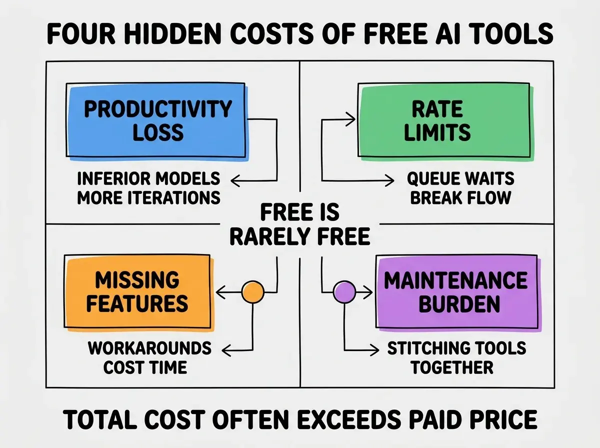 EXPLAINER DIAGRAM titled FOUR HIDDEN COSTS OF FREE AI TOOLS shown as a 2x2 grid of quadrants on a slate background. Top left blue PRODUCTIVITY LOSS sublabel INFERIOR MODELS MORE ITERATIONS. Top right green RATE LIMITS sublabel QUEUE WAITS BREAK FLOW. Bottom left orange MISSING FEATURES sublabel WORKAROUNDS COST TIME. Bottom right purple MAINTENANCE BURDEN sublabel STITCHING TOOLS TOGETHER. Center label FREE IS RARELY FREE. Footer reads TOTAL COST OFTEN EXCEEDS PAID PRICE.
