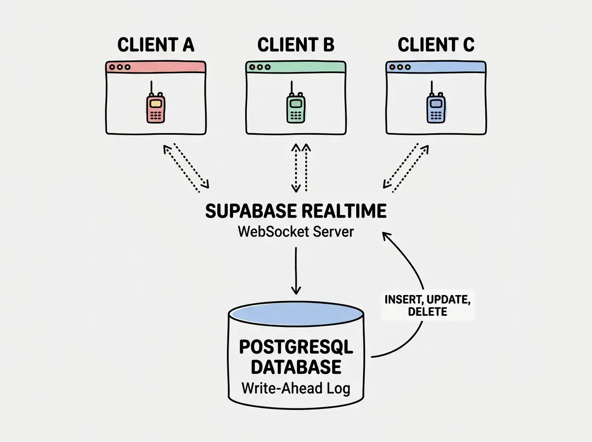EXPLAINER DIAGRAM: A vertical architecture diagram showing three layers. At the top, three browser windows labeled CLIENT A, CLIENT B, and CLIENT C each have a small walkie-talkie icon. Dotted bidirectional arrows connect each client down to a middle layer labeled SUPABASE REALTIME with subtitle WebSocket Server. A single solid arrow connects the middle layer down to the bottom layer, a cylinder labeled POSTGRESQL DATABASE with subtitle Write-Ahead Log. To the right of the database, a small label reads INSERT, UPDATE, DELETE with an arrow curving up to the Supabase Realtime layer. The entire flow shows data changes propagating from the database up through Supabase to all connected clients.