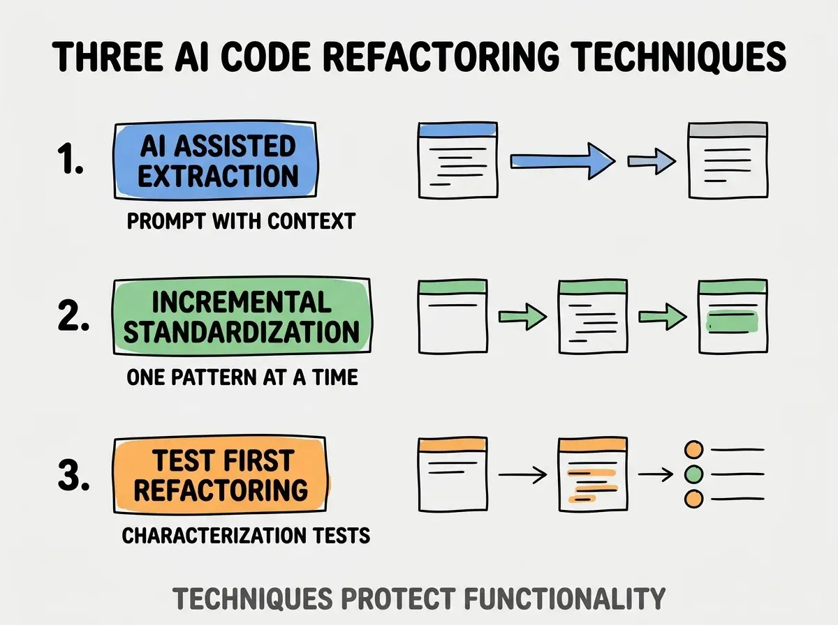 Clean modern flat infographic on light gray background. Top title bold black: THREE AI CODE REFACTORING TECHNIQUES. Single vertical numbered list with three rows. Row 1 blue badge AI ASSISTED EXTRACTION with subtitle PROMPT WITH CONTEXT. Row 2 green badge INCREMENTAL STANDARDIZATION with subtitle ONE PATTERN AT A TIME. Row 3 orange badge TEST FIRST REFACTORING with subtitle CHARACTERIZATION TESTS. Footer text dark gray: TECHNIQUES PROTECT FUNCTIONALITY. Each label appears exactly once. No duplicated text.