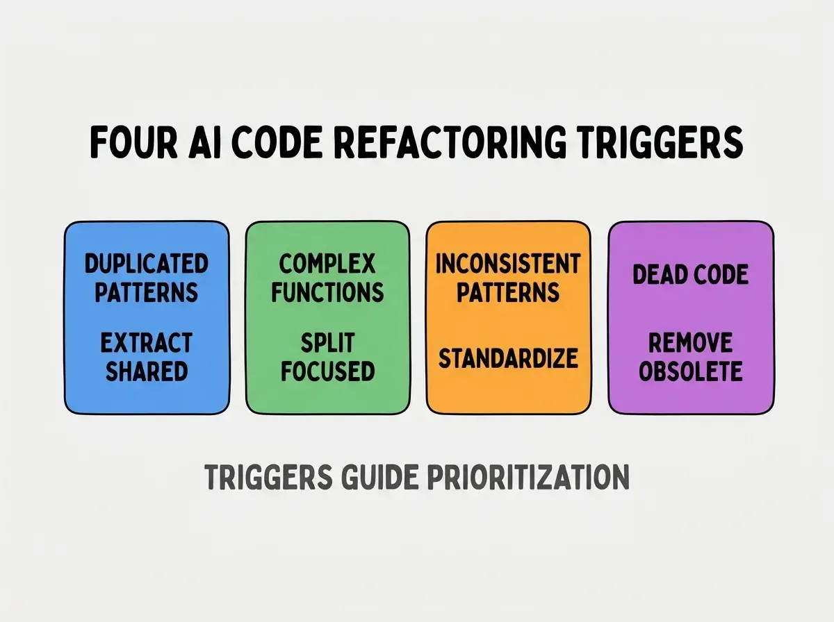Clean modern flat infographic on light gray background. Top center title bold black: FOUR AI CODE REFACTORING TRIGGERS. Single horizontal row with four equal sized colored rounded rectangle cards. Card 1 blue background two lines DUPLICATED PATTERNS and EXTRACT SHARED. Card 2 green background two lines COMPLEX FUNCTIONS and SPLIT FOCUSED. Card 3 orange background two lines INCONSISTENT PATTERNS and STANDARDIZE. Card 4 purple background two lines DEAD CODE and REMOVE OBSOLETE. Below the row a single footer line in dark gray text: TRIGGERS GUIDE PRIORITIZATION. No other text. No duplicated text anywhere.