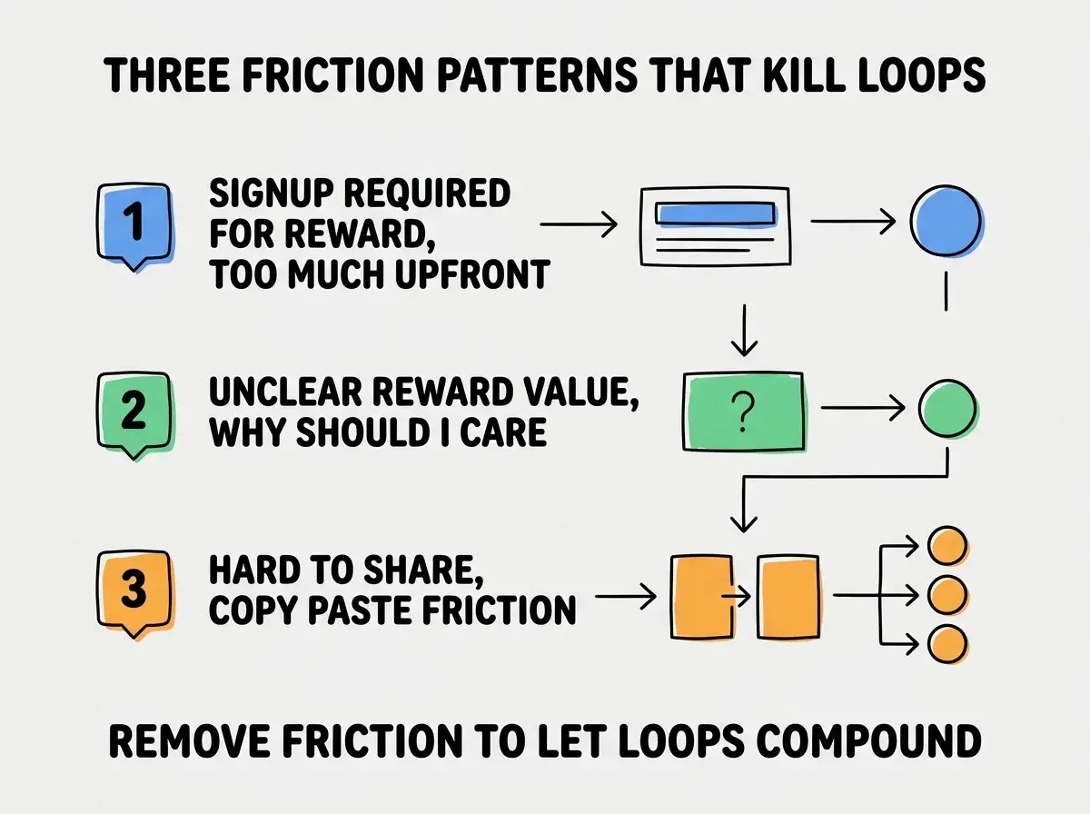 EXPLAINER DIAGRAM titled THREE FRICTION PATTERNS THAT KILL LOOPS shown as a vertical numbered list on a slate background. Three rows. Row 1 blue badge SIGNUP REQUIRED FOR REWARD sublabel TOO MUCH UPFRONT. Row 2 green badge UNCLEAR REWARD VALUE sublabel WHY SHOULD I CARE. Row 3 orange badge HARD TO SHARE sublabel COPY PASTE FRICTION. Footer reads REMOVE FRICTION TO LET LOOPS COMPOUND.