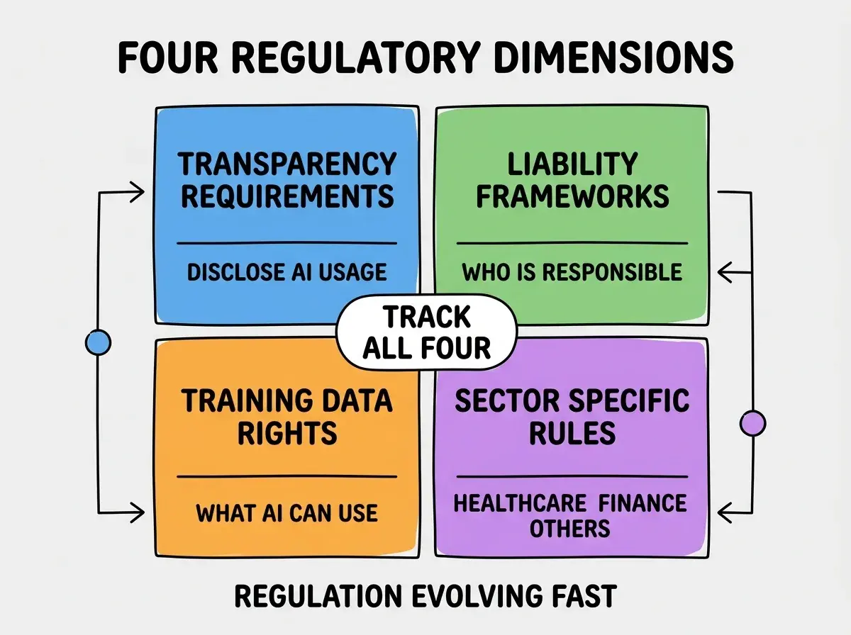 EXPLAINER DIAGRAM titled FOUR REGULATORY DIMENSIONS shown as a 2x2 grid of quadrants on a slate background. Top left blue TRANSPARENCY REQUIREMENTS sublabel DISCLOSE AI USAGE. Top right green LIABILITY FRAMEWORKS sublabel WHO IS RESPONSIBLE. Bottom left orange TRAINING DATA RIGHTS sublabel WHAT AI CAN USE. Bottom right purple SECTOR SPECIFIC RULES sublabel HEALTHCARE FINANCE OTHERS. Center label TRACK ALL FOUR. Footer reads REGULATION EVOLVING FAST.
