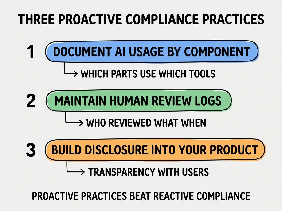 EXPLAINER DIAGRAM titled THREE PROACTIVE COMPLIANCE PRACTICES shown as a vertical numbered list on a slate background. Three rows. Row 1 blue badge DOCUMENT AI USAGE BY COMPONENT sublabel WHICH PARTS USE WHICH TOOLS. Row 2 green badge MAINTAIN HUMAN REVIEW LOGS sublabel WHO REVIEWED WHAT WHEN. Row 3 orange badge BUILD DISCLOSURE INTO YOUR PRODUCT sublabel TRANSPARENCY WITH USERS. Footer reads PROACTIVE PRACTICES BEAT REACTIVE COMPLIANCE.