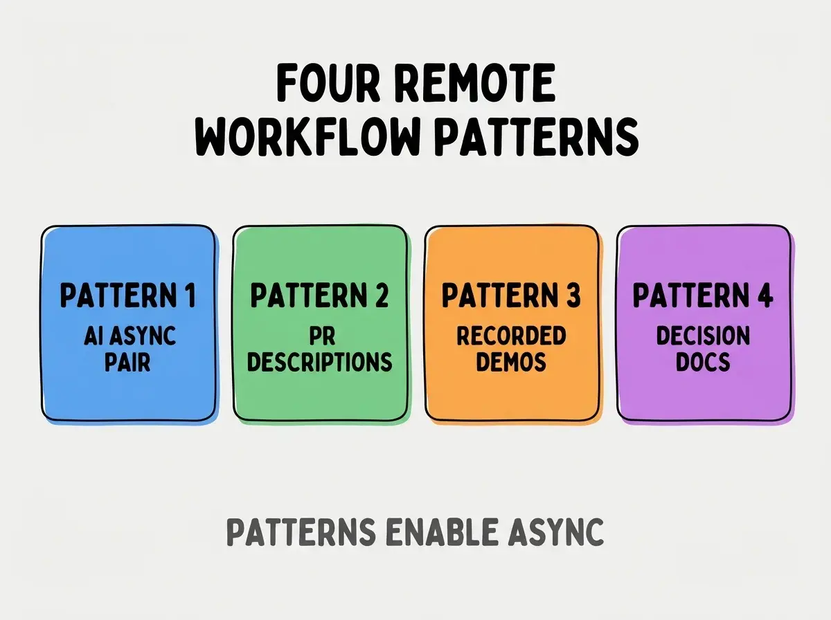 Clean modern flat infographic on light gray background. Top center bold black title text: FOUR REMOTE WORKFLOW PATTERNS. Below title, four equal sized colored rounded rectangle cards arranged horizontally. Card 1 blue: large bold text PATTERN 1 then smaller text AI ASYNC PAIR. Card 2 green: large bold text PATTERN 2 then smaller text PR DESCRIPTIONS. Card 3 orange: large bold text PATTERN 3 then smaller text RECORDED DEMOS. Card 4 purple: large bold text PATTERN 4 then smaller text DECISION DOCS. Single footer line below cards in dark gray text: PATTERNS ENABLE ASYNC. Nothing else on canvas. No text outside cards or below cards.